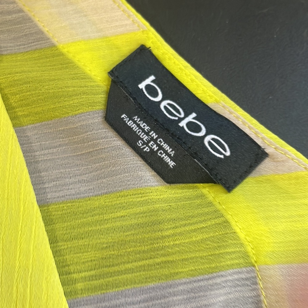 Bebe Neon Yellow & cream, V neck, tie waist band, Sheer, small - Picture 5 of 9